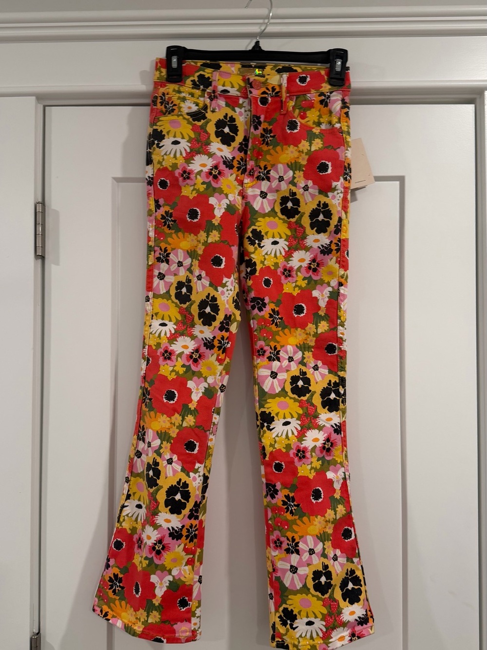MOTHER Floral Mid Rise Flare Pants in Red, Yellow, Green, Black